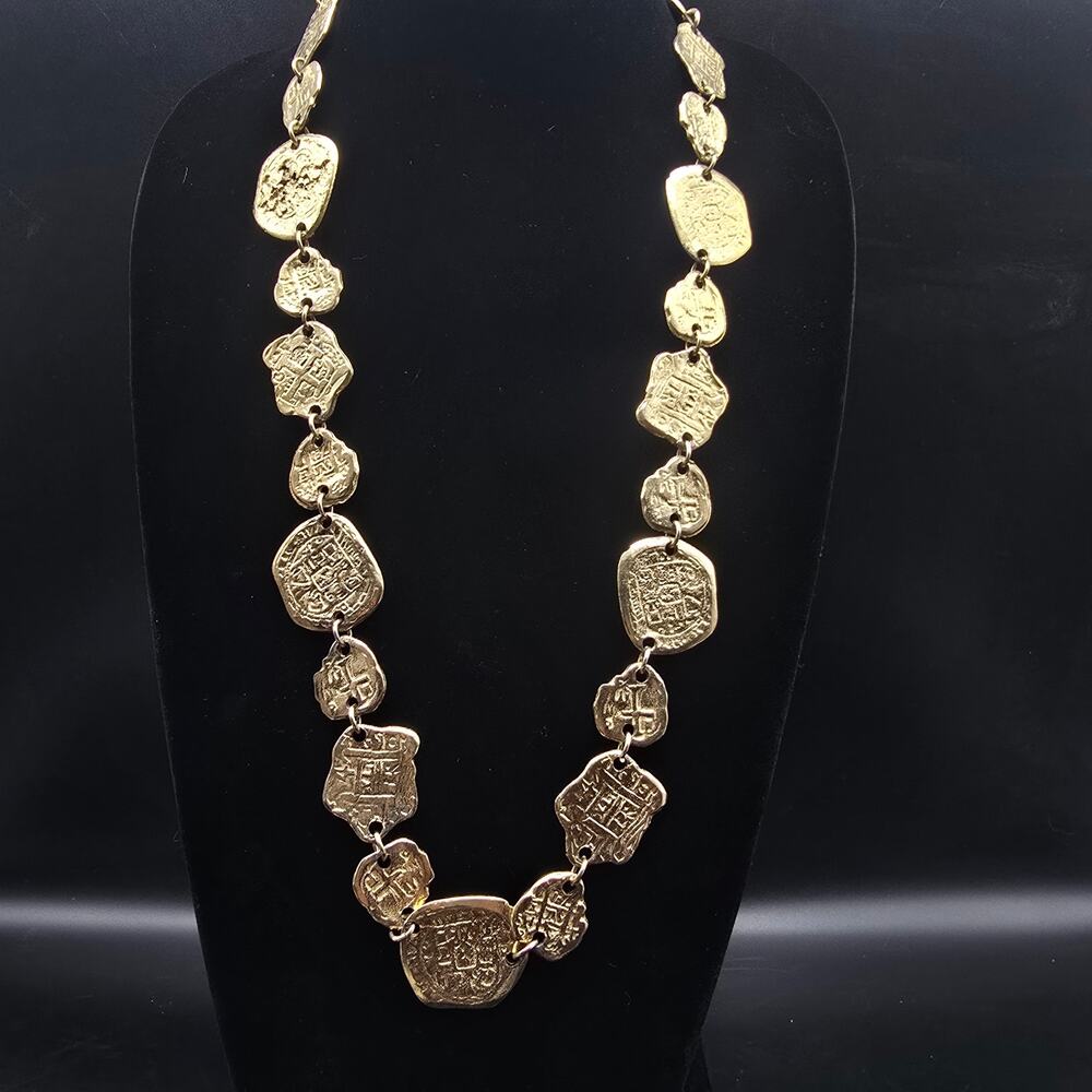 Gold Tone Medallion Faux Coin Necklace Statement Heavy Vintage Costume Jewelry